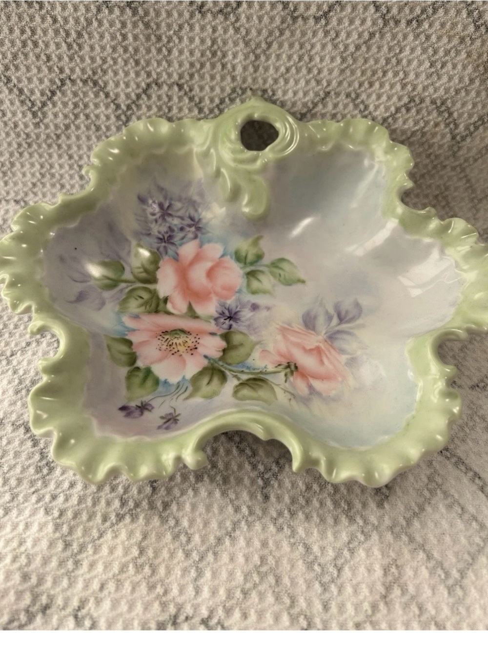 Lefton Hand-Painted Floral Porcelain Dish in Pastel Green and Pink